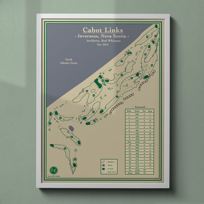 Cabot Links map print in a white frame, featuring Canada's first true links course in Nova Scotia.