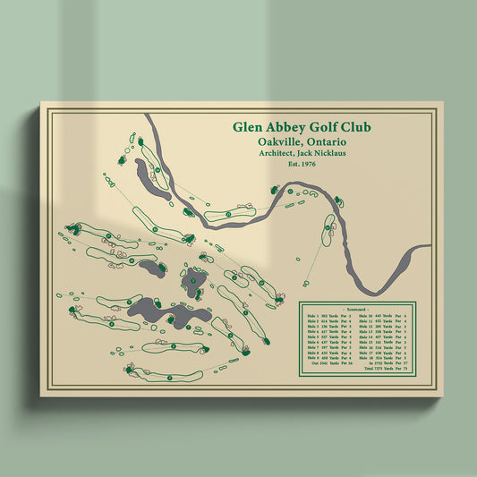 Unframed Glen Abbey course map poster print showing the full routing and 16 Mile Creek hazards.