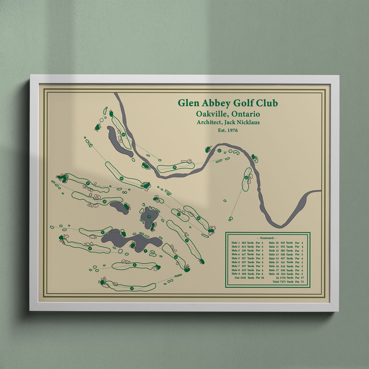 Glen Abbey Golf Club map print in a white frame, featuring the legendary home of the Canadian Open in Oakville.