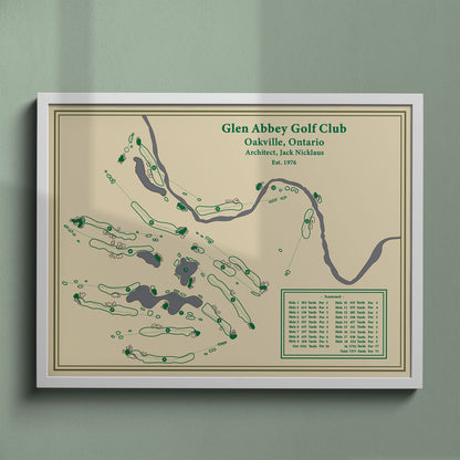 Glen Abbey Golf Club map print in a white frame, featuring the legendary home of the Canadian Open in Oakville.