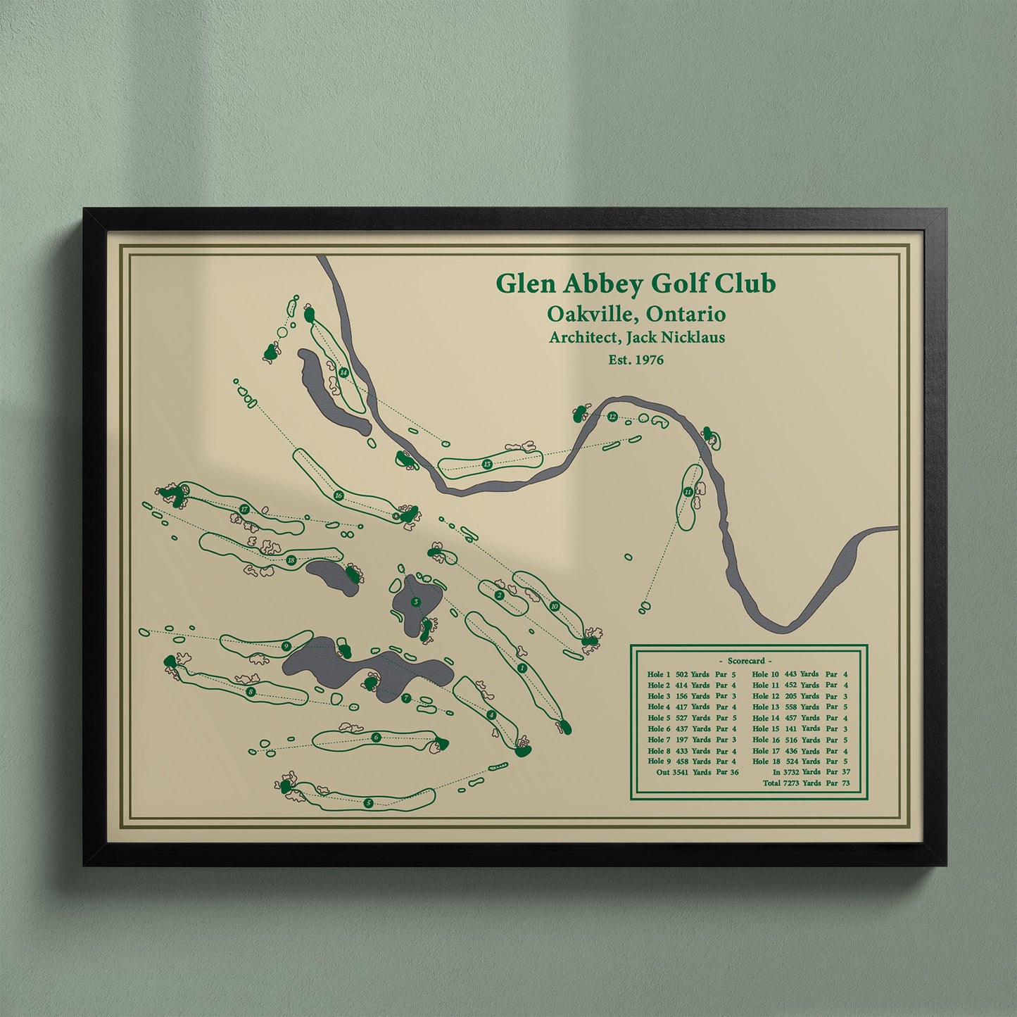 Framed Glen Abbey Golf Club map in a black wood frame showing the famous Jack Nicklaus design and Valley Holes.