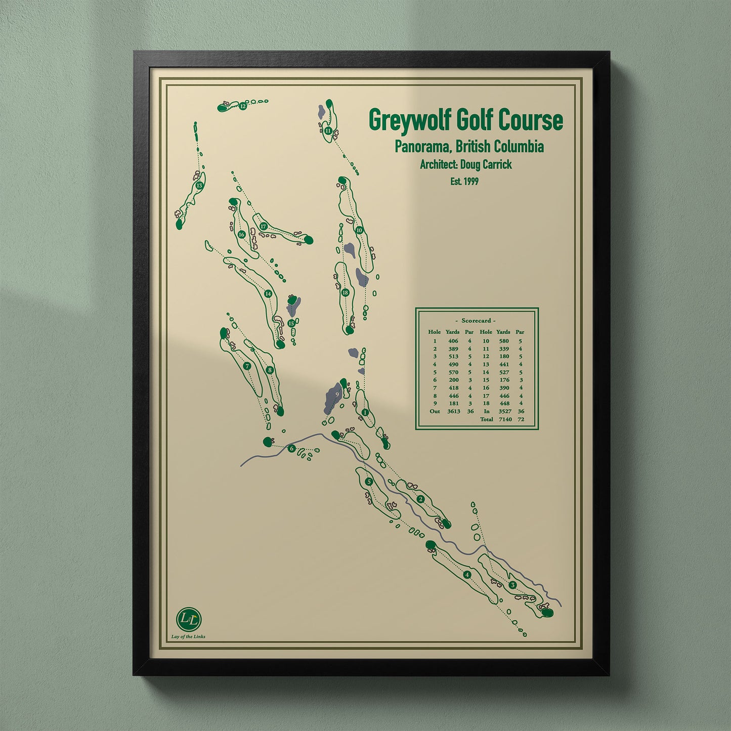 Framed Greywolf Golf Course map in a black wood frame showing the Doug Carrick mountain design.
