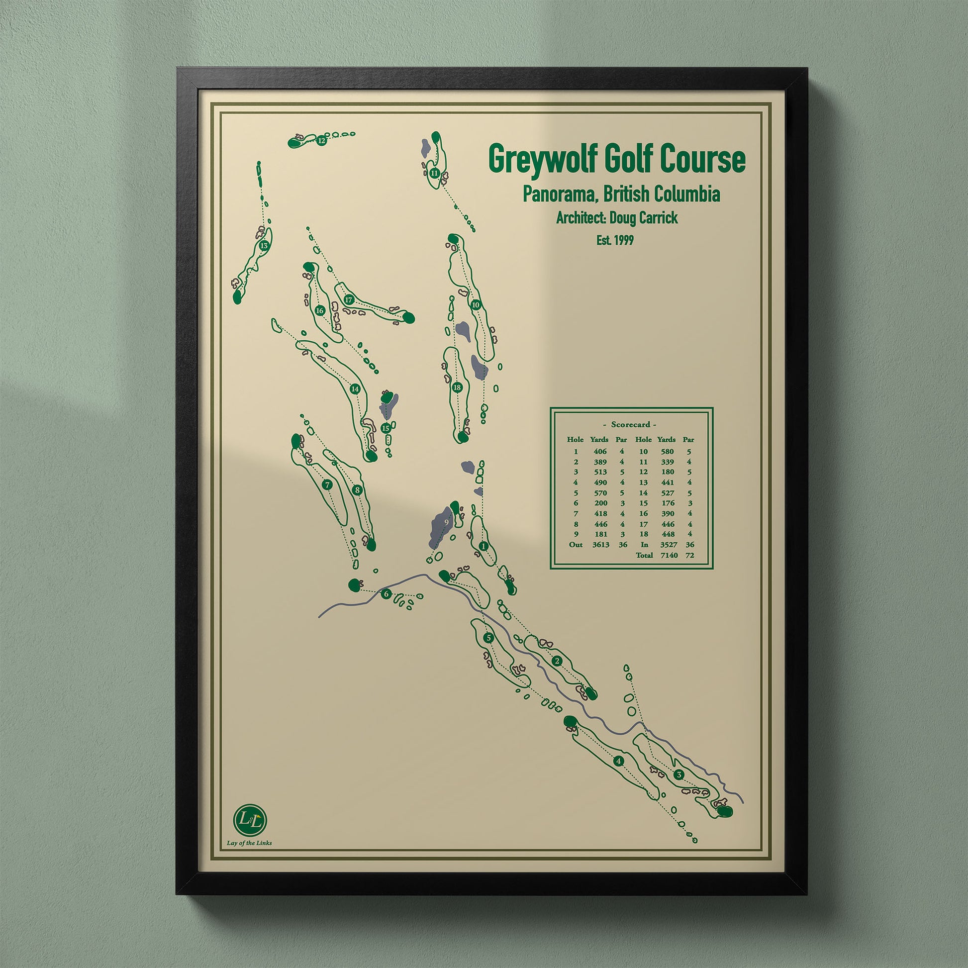 Framed Greywolf Golf Course map in a black wood frame showing the Doug Carrick mountain design.
