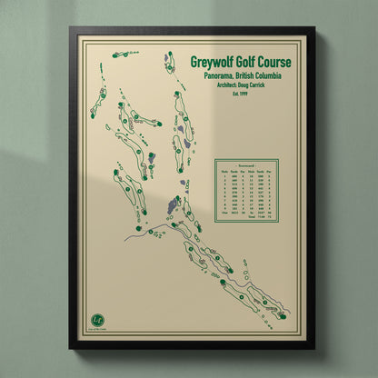 Framed Greywolf Golf Course map in a black wood frame showing the Doug Carrick mountain design.