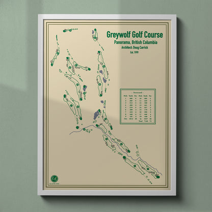 Greywolf golf course map print in a white frame, featuring the legendary "Cliffhanger" par-3 hole.