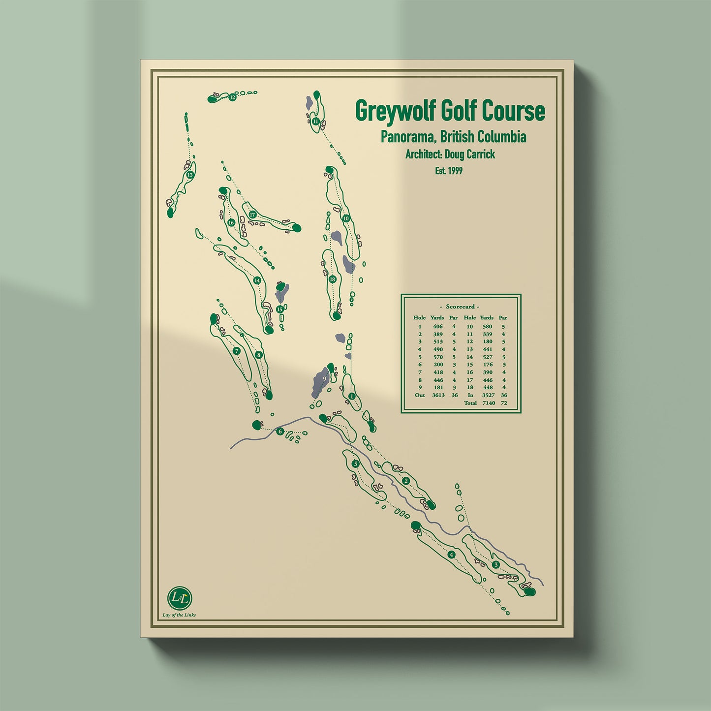 Unframed Greywolf course map poster print showing the full 18 hole layout in Panorama, BC.