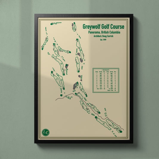 Black Framed Course map of Greywolf Golf Course - Blueprint Series