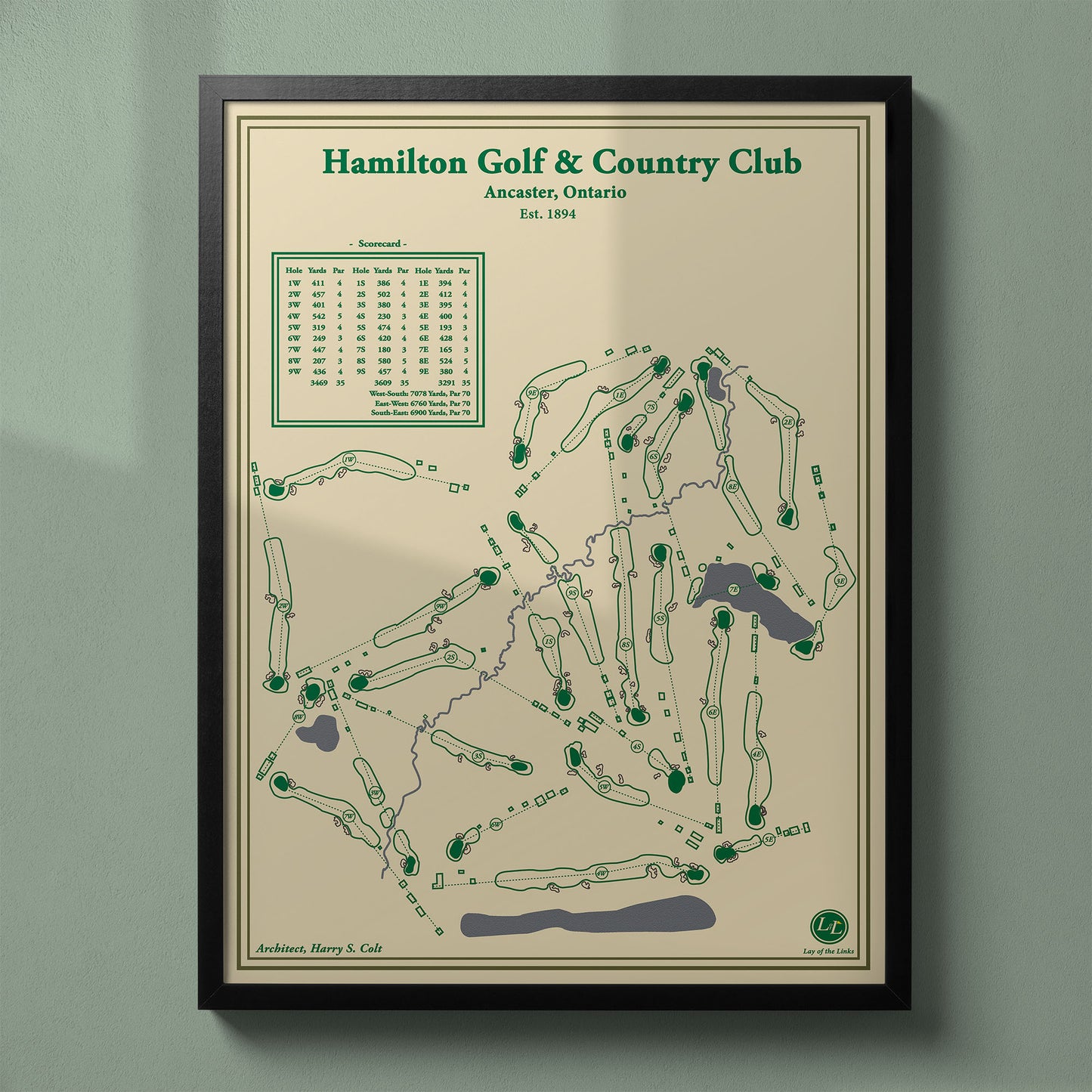 Framed Hamilton Golf & Country Club (Ancaster) map in a black wood frame showing the historic Harry Colt layout.