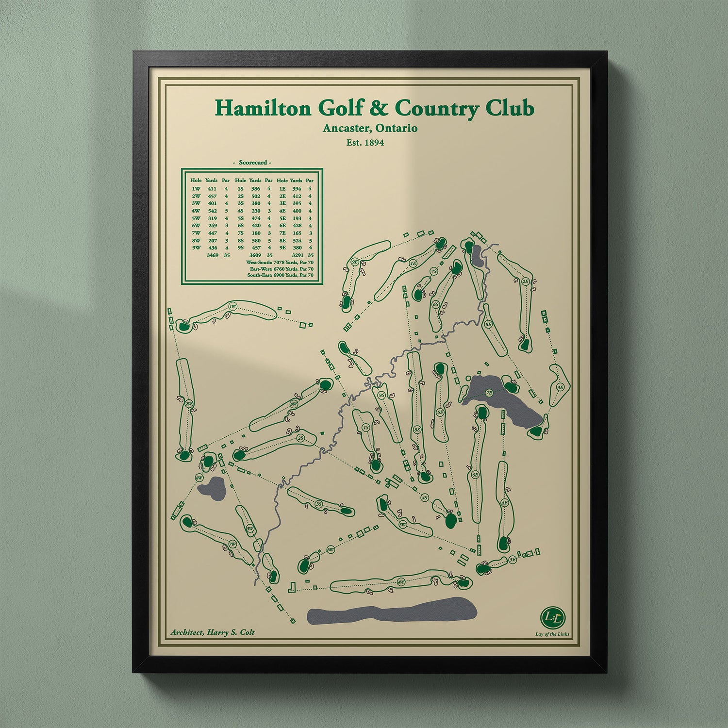 Framed Hamilton Golf & Country Club (Ancaster) map in a black wood frame showing the historic Harry Colt layout.