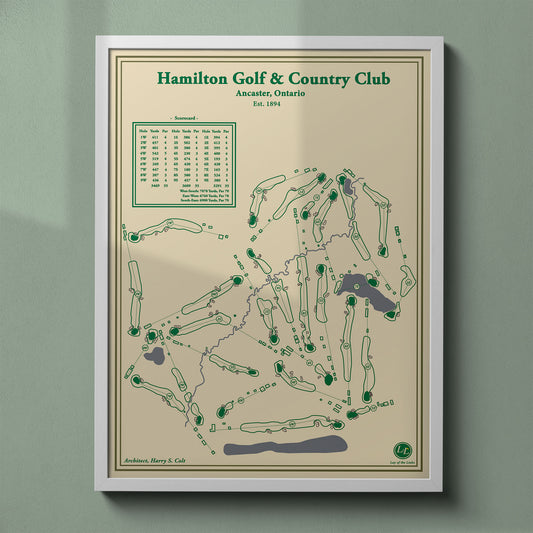 Hamilton Golf & Country Club map print in a white frame, host of the RBC Canadian Open in Ancaster, Ontario.