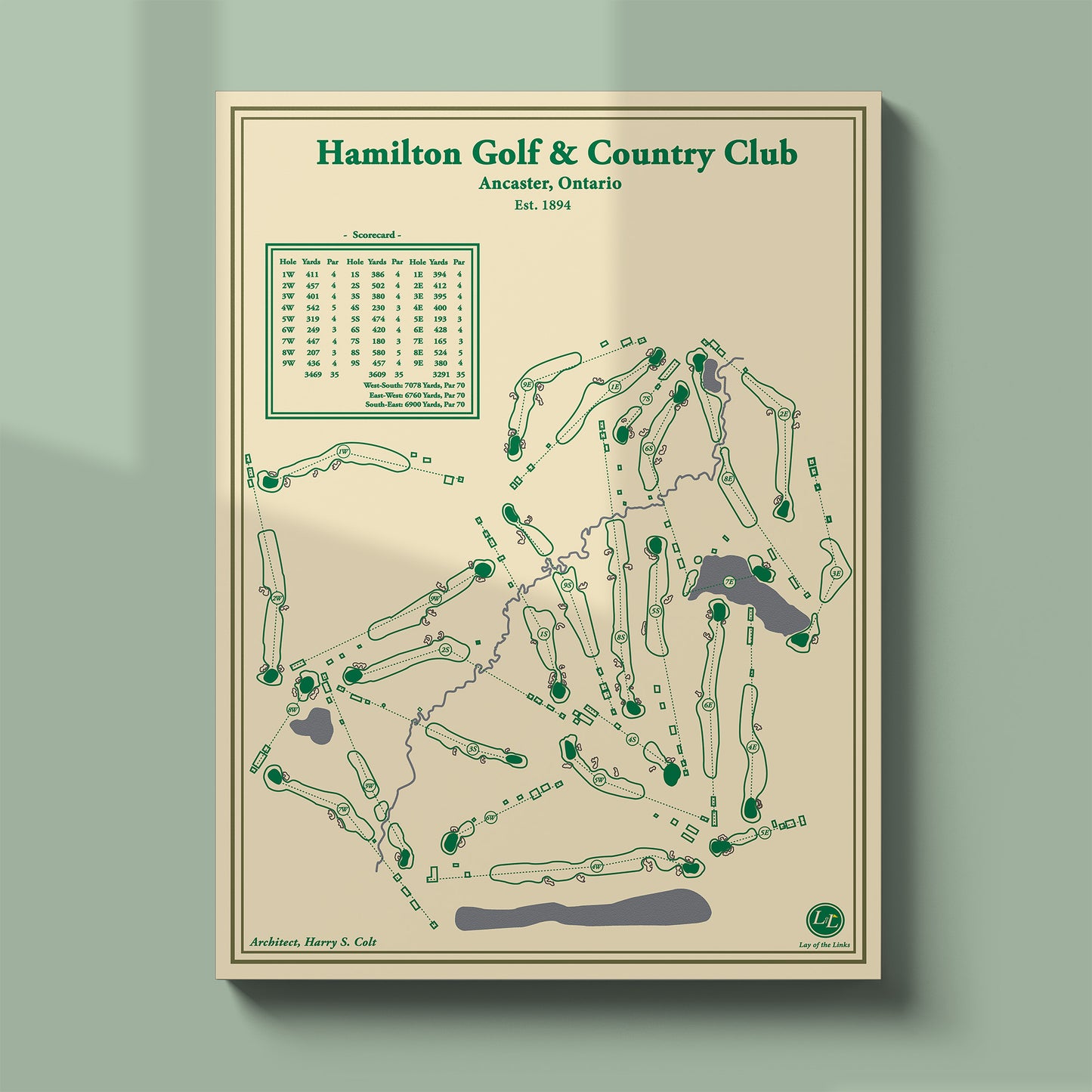 Unframed Hamilton Golf & Country Club course map poster print showing the full facility and rolling terrain.