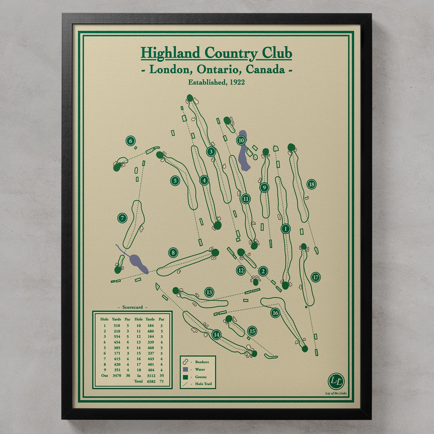 Framed Highland Country Club map in a black wood frame showing the Stanley Thompson parkland design.