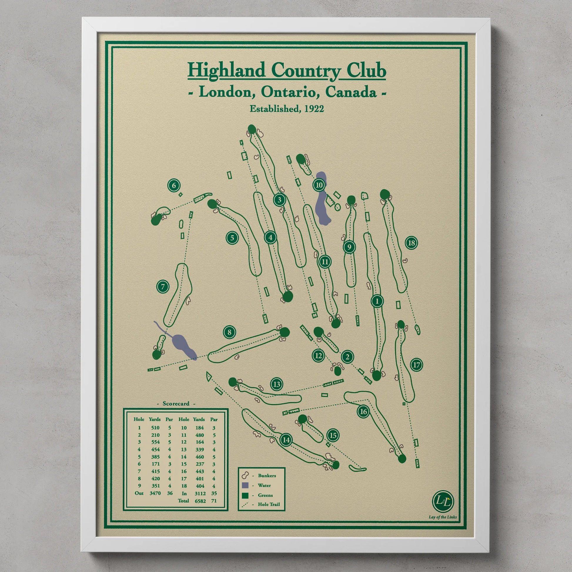 Framed map of Highland Country Club in London, Ontario, Canada on a beige background