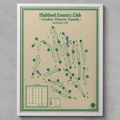 Framed map of Highland Country Club in London, Ontario, Canada on a beige background