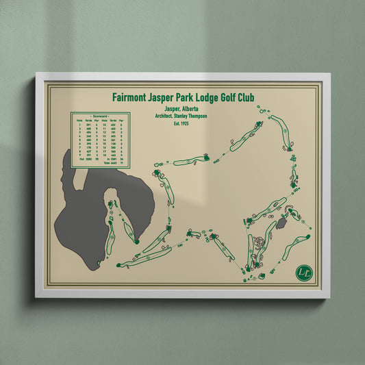 White Framed map of Fairmont Jasper Park Lodge Golf Club - Blueprint Series