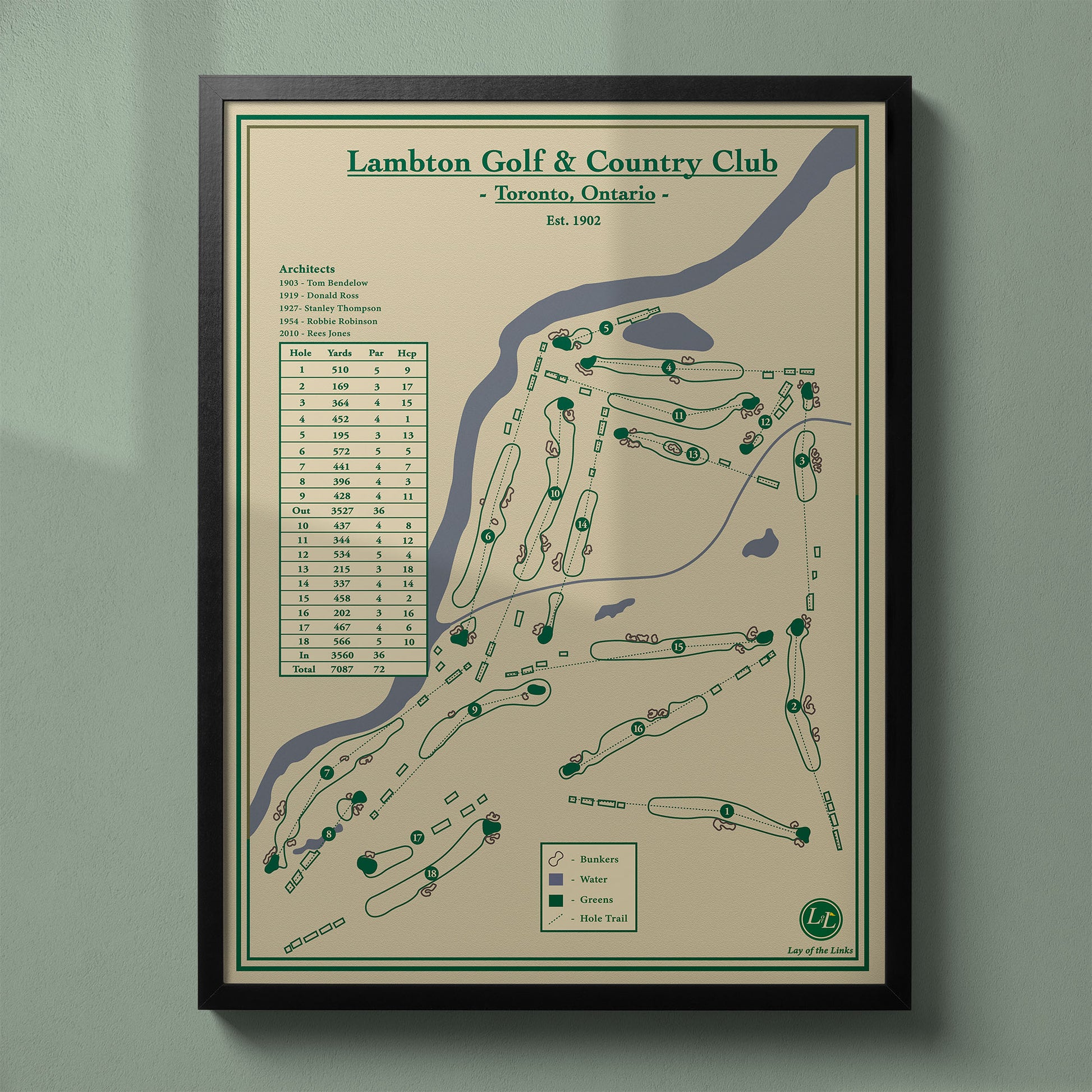 Framed Lambton Golf & Country Club map in a black wood frame showing the Rees Jones redesign and Humber River.