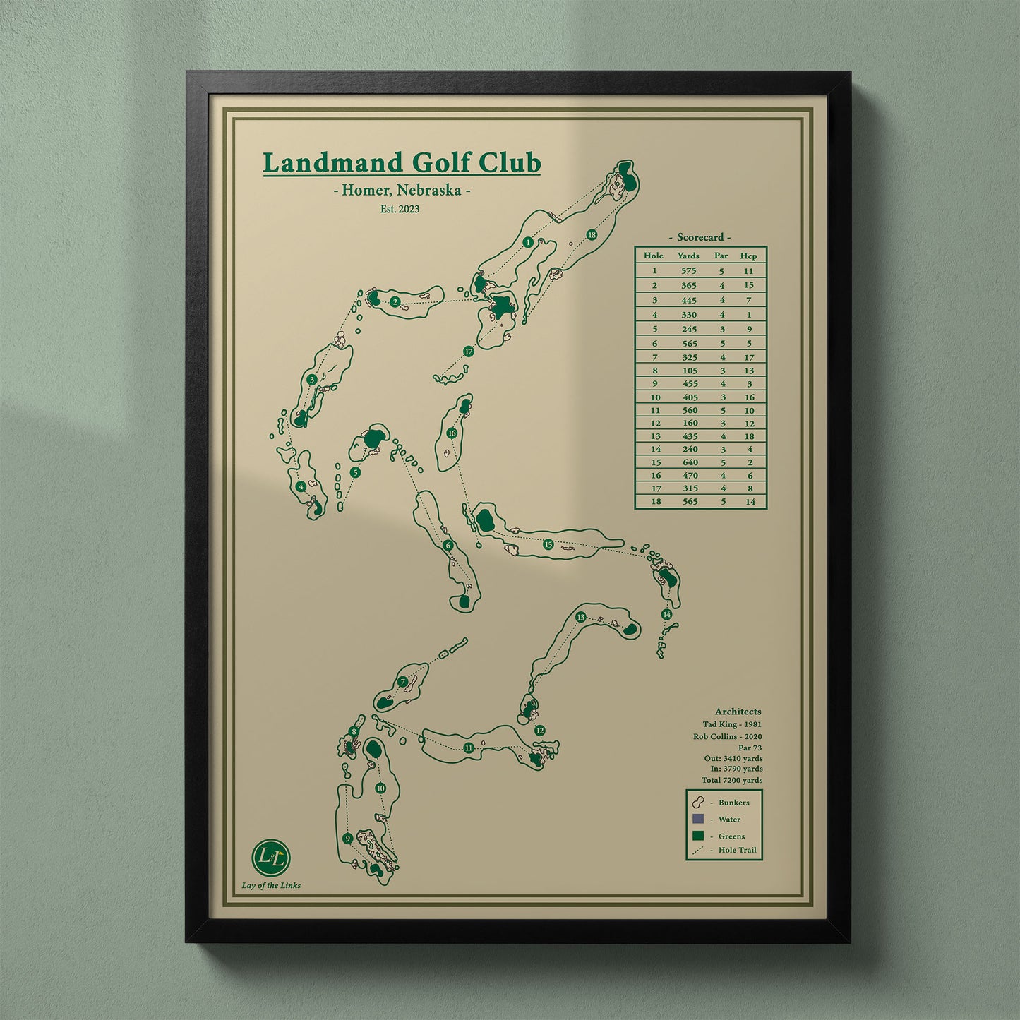 Landmand Golf Club map in a black wood frame showing the King-Collins design and massive scale.