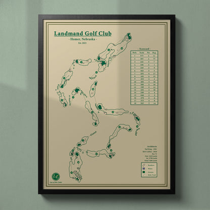 Landmand Golf Club map in a black wood frame showing the King-Collins design and massive scale.