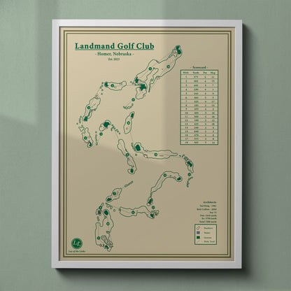 Landmand Golf Club map print in a white frame, featuring the bold public course in Homer, Nebraska.