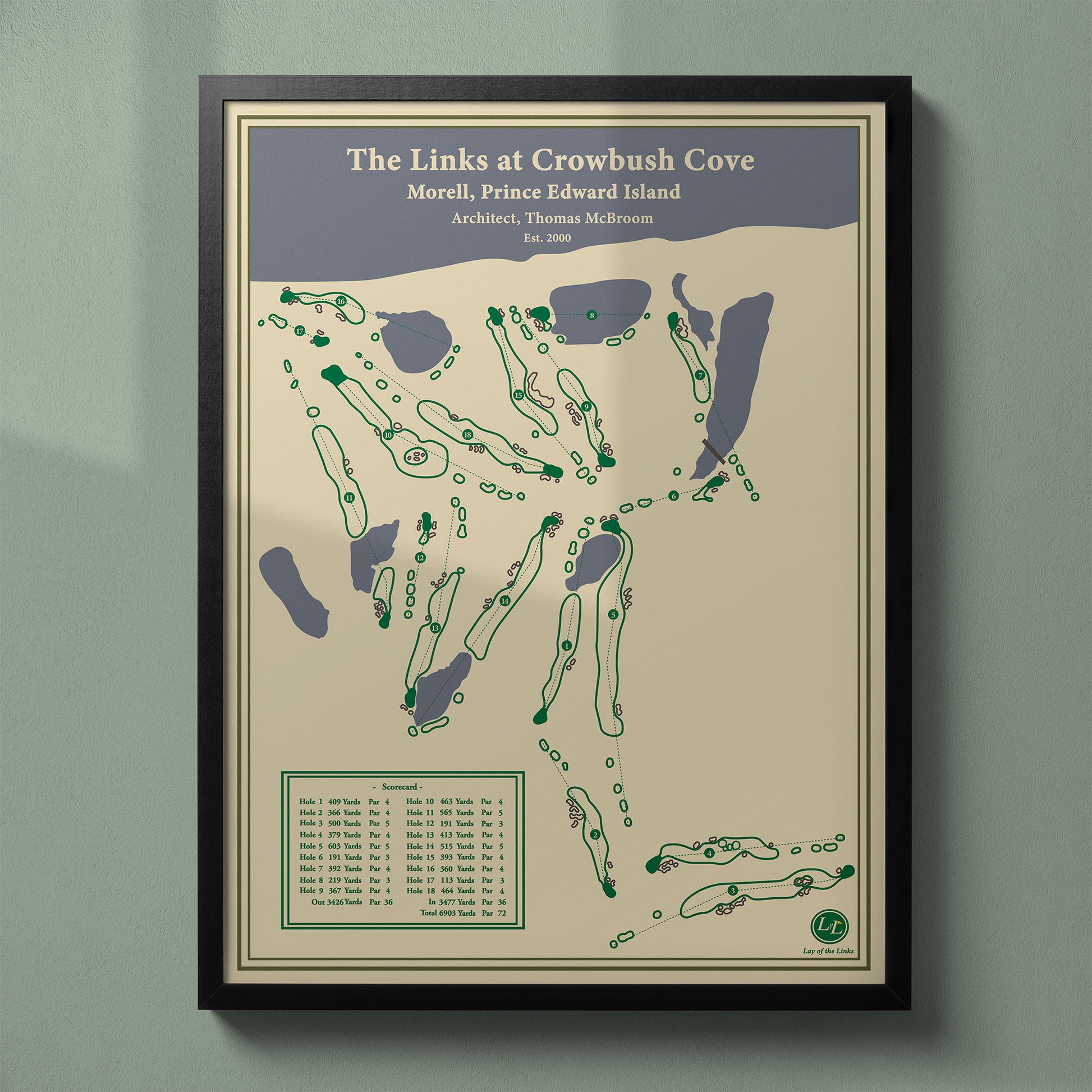 Framed Links at Crowbush Cove map in a black wood frame showing the Thomas McBroom dunes design.