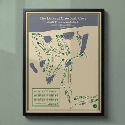 Framed Links at Crowbush Cove map in a black wood frame showing the Thomas McBroom dunes design.