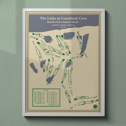 Links at Crowbush Cove map print in a white frame, featuring the windswept PEI coastline layout.