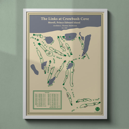 Links at Crowbush Cove map print in a white frame, featuring the windswept PEI coastline layout.