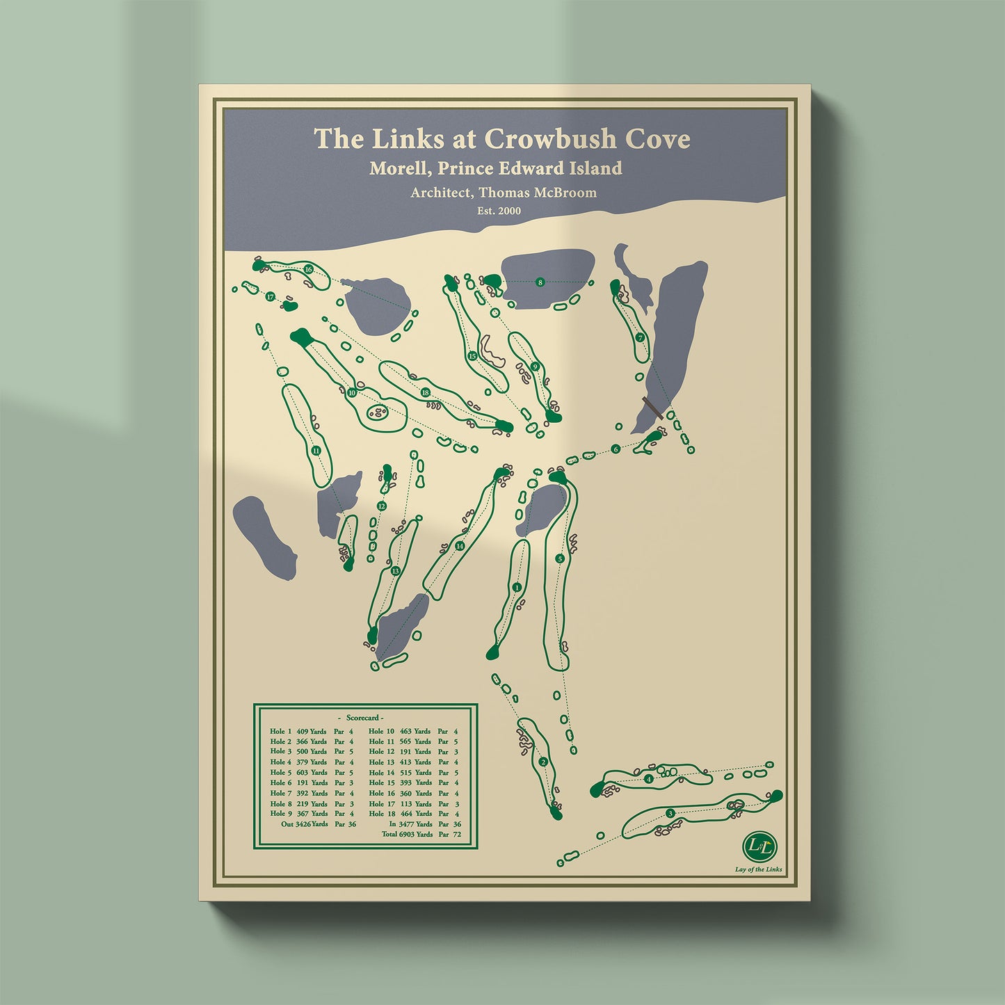 Unframed Links at Crowbush Cove course map poster print showing the 18 hole routing through the sand dunes.