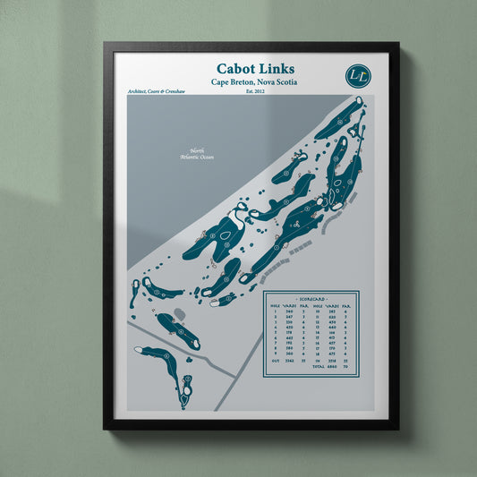 Black Framed map of Cabot Links golf course in Cape Breton, Nova Scotia - Legacy Series