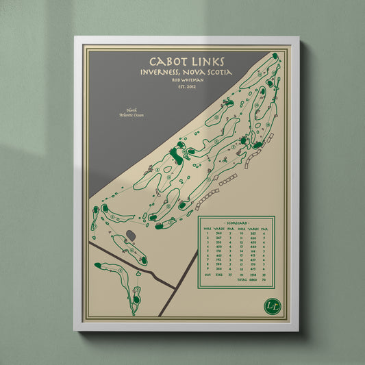 White Framed map of Cabot Links golf course in Inverness, Nova Scotia - Blueprint Series