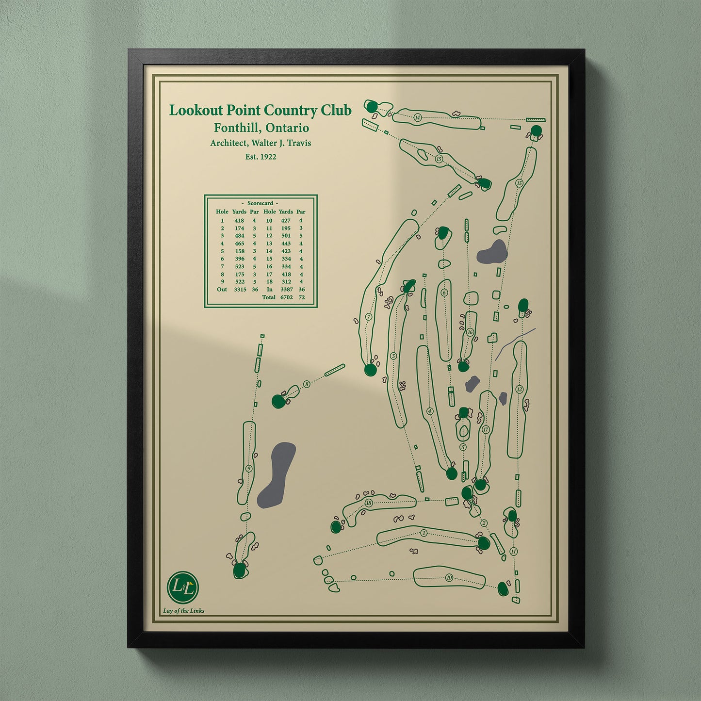 Framed Lookout Point Country Club map in a black wood frame showing the Walter Travis masterpiece design.