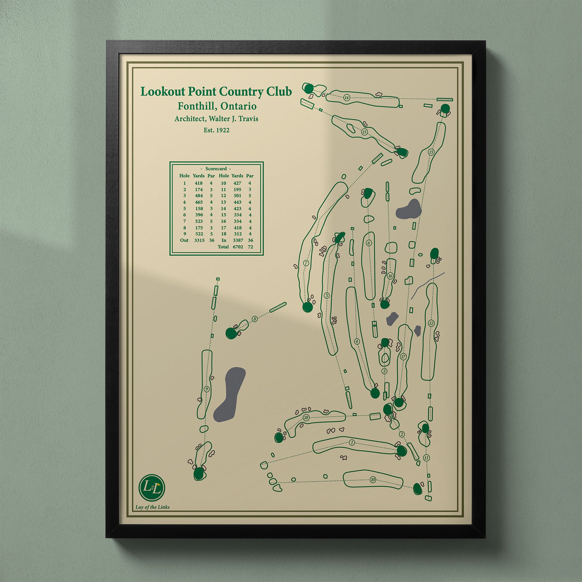 Framed Lookout Point Country Club map in a black wood frame showing the Walter Travis masterpiece design.