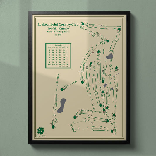 Framed Lookout Point Country Club map in a black wood frame showing the Walter Travis masterpiece design.