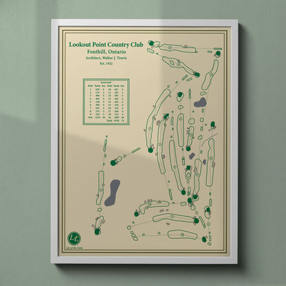 Lookout Point Country Club map print in a white frame, featuring the historic layout atop the Niagara Peninsula.