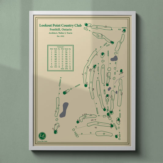 Lookout Point Country Club map print in a white frame, featuring the historic layout atop the Niagara Peninsula.