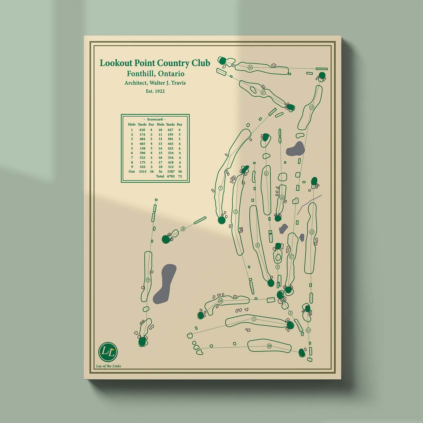 Unframed Lookout Point course map poster print showing the full routing and famous undulating greens.