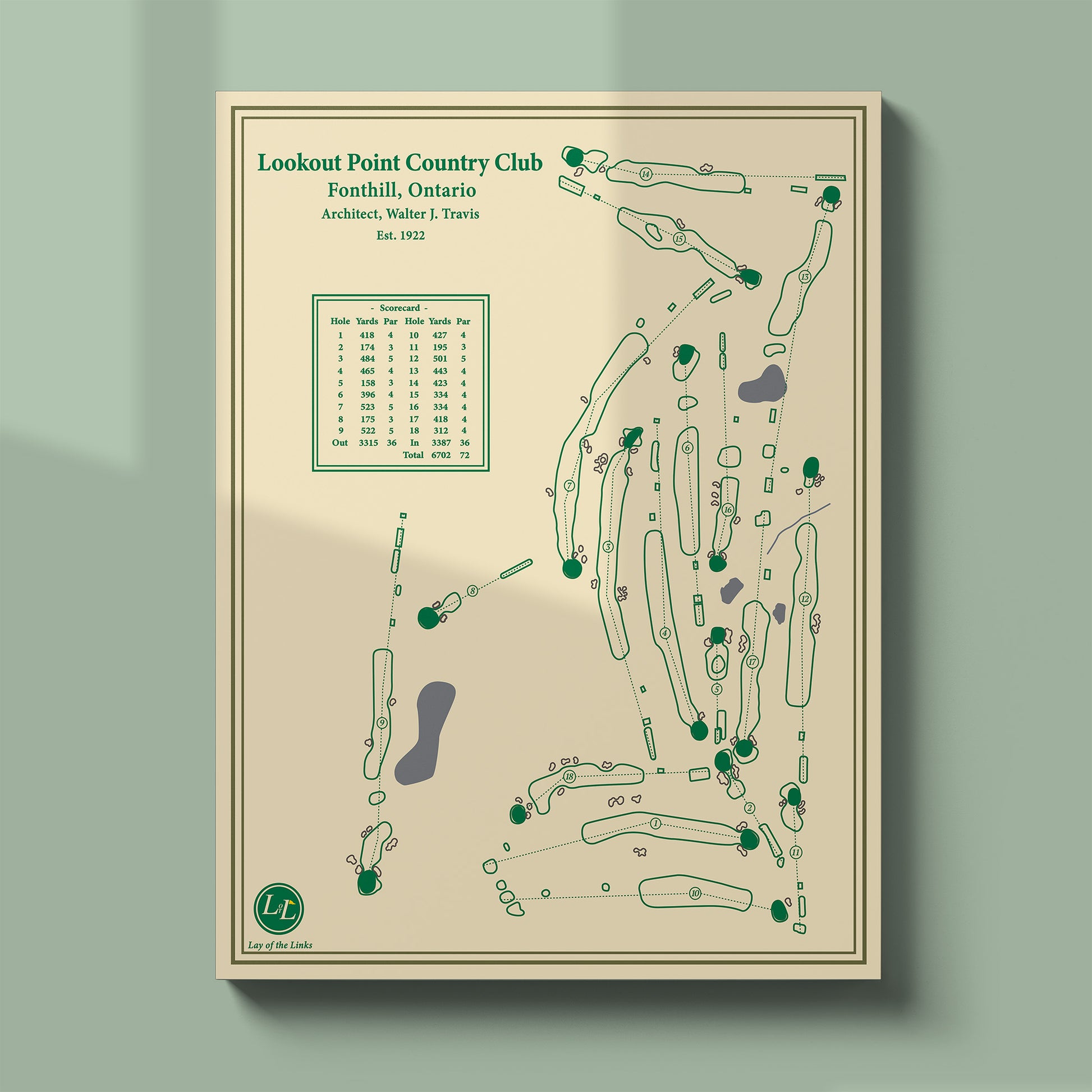 Unframed Lookout Point course map poster print showing the full routing and famous undulating greens.