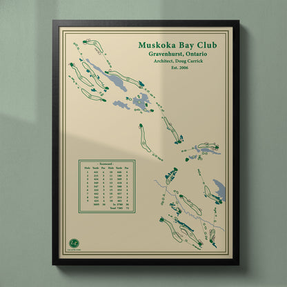 Framed Muskoka Bay Club map in a black wood frame showing the dramatic Doug Carrick design.