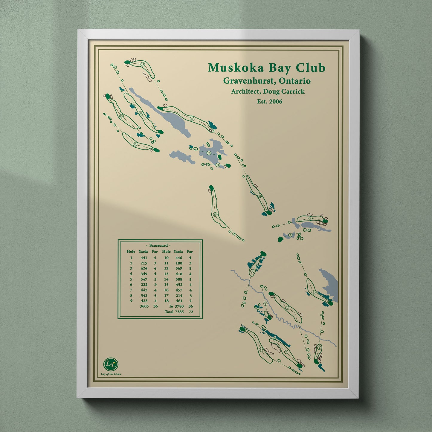 Muskoka Bay golf course map print in a white frame featuring the granite ridges of the Canadian Shield.