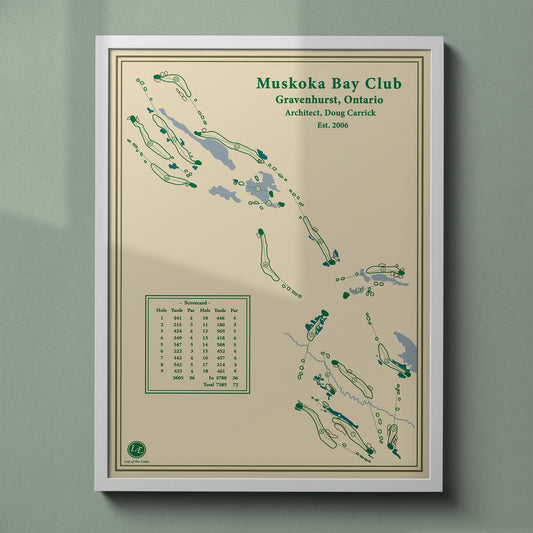 Muskoka Bay golf course map print in a white frame featuring the granite ridges of the Canadian Shield.