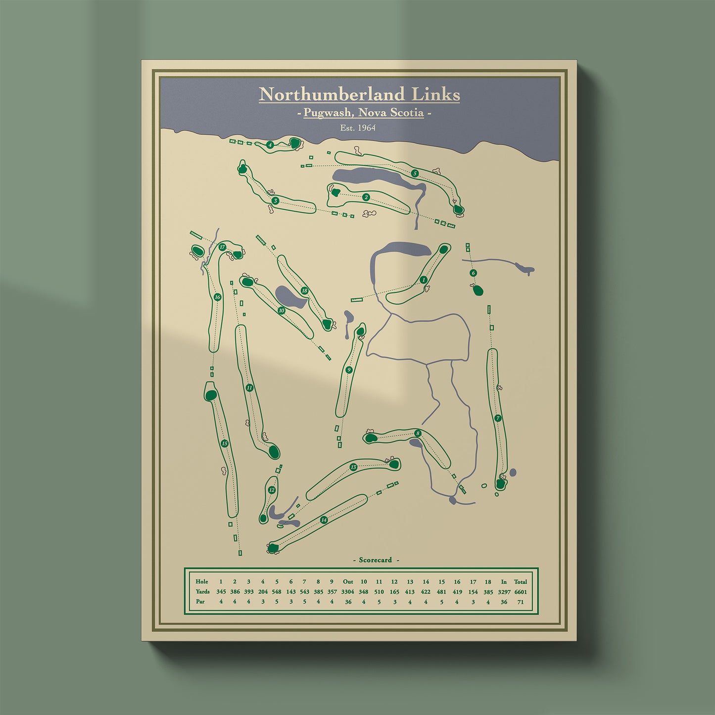 Northumberland Links course map poster print showing the full routing along the Northumberland Strait.