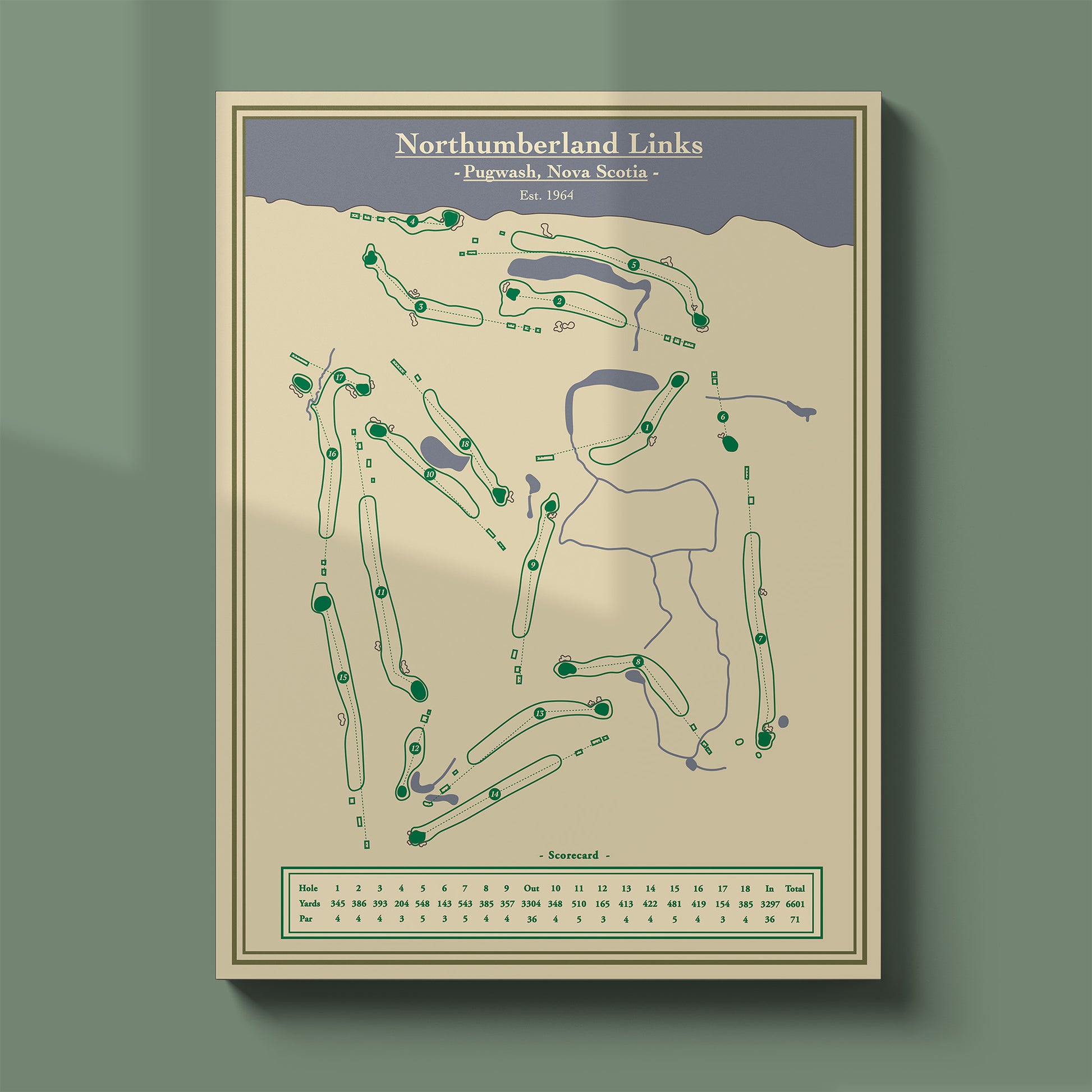 Northumberland Links course map poster print showing the full routing along the Northumberland Strait.