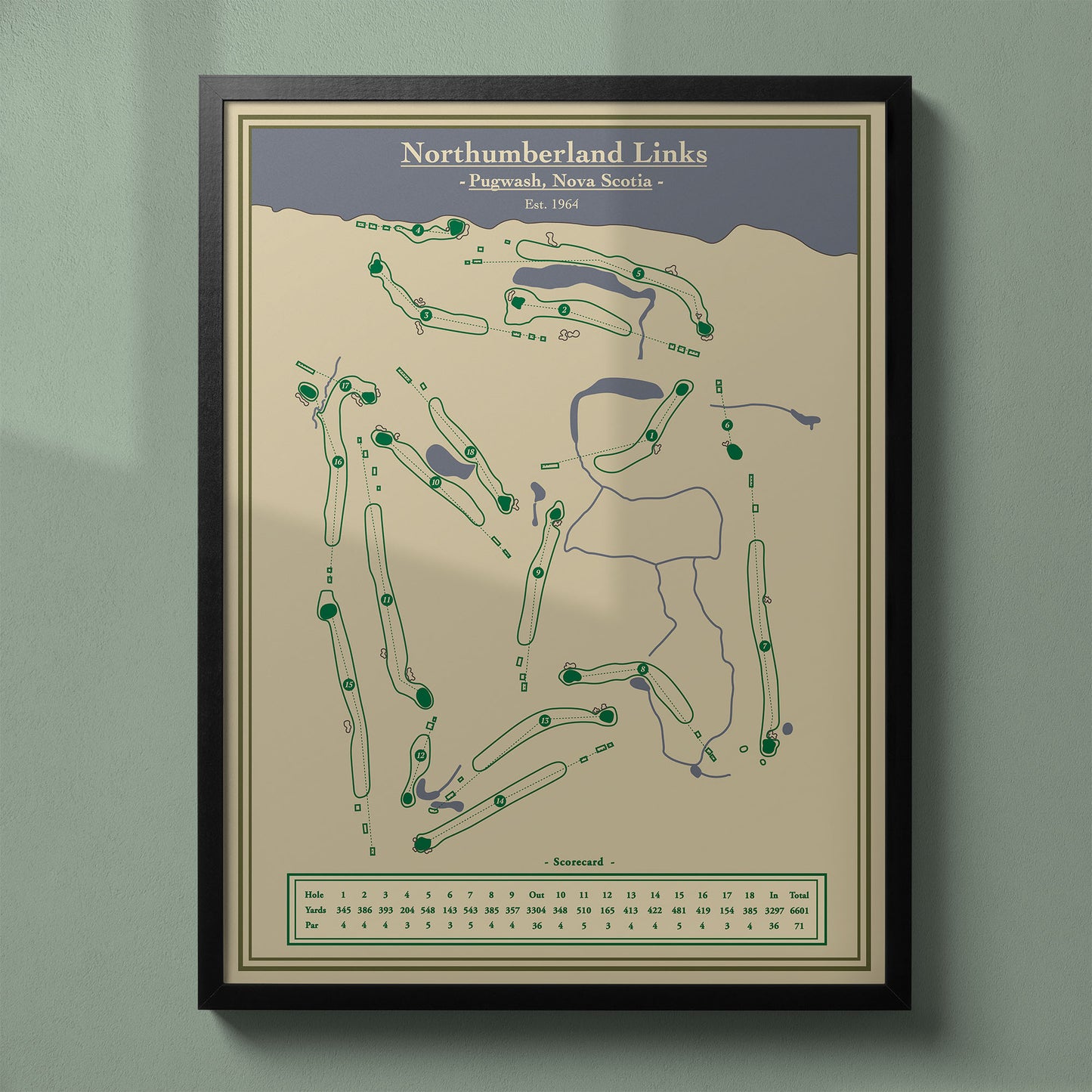 Northumberland Links map print in a black wood frame showing the seaside layout and ocean hazards.