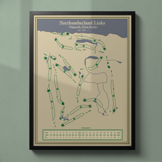 Northumberland Links map print in a black wood frame showing the seaside layout and ocean hazards.