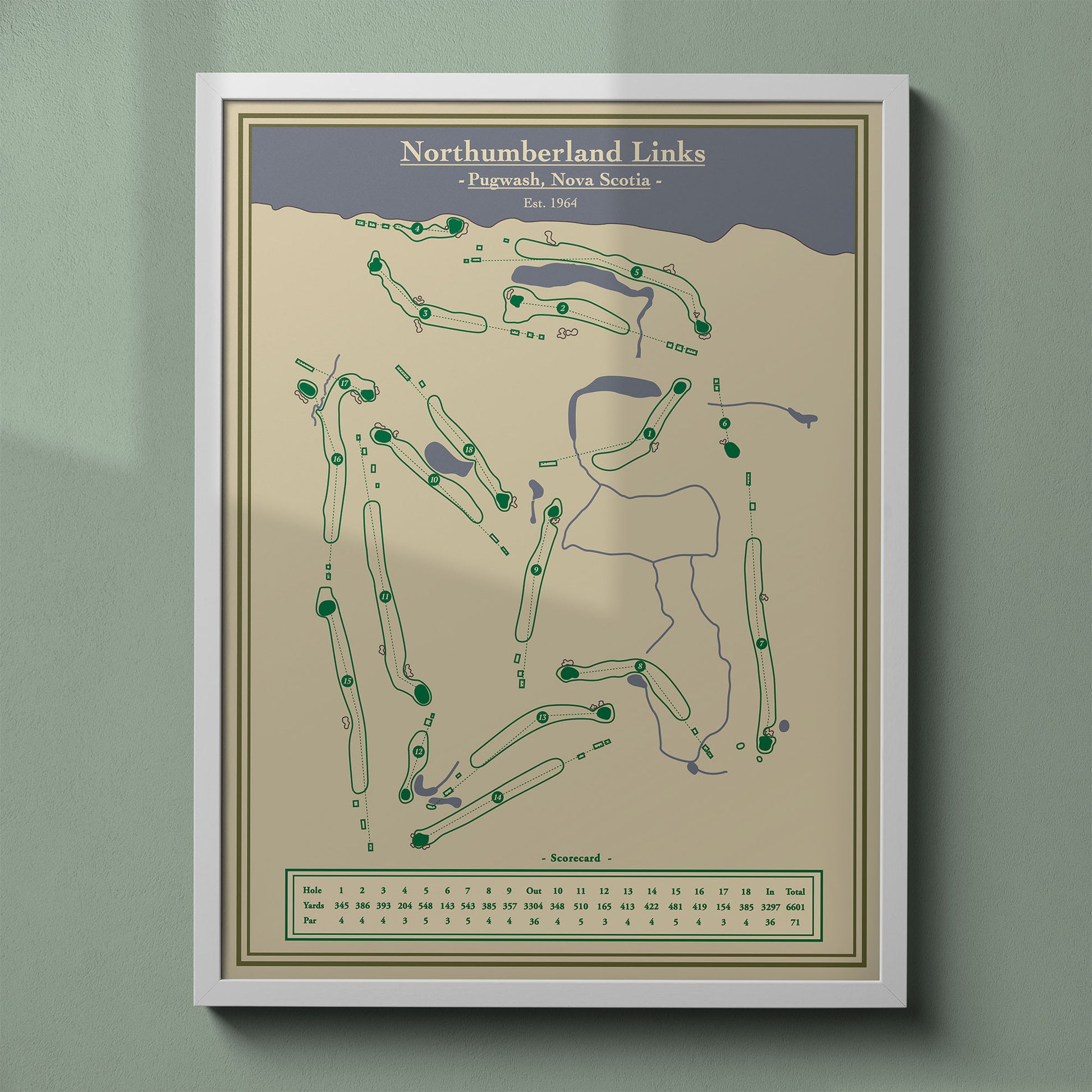 Northumberland Links map print in a white frame, featuring the scenic course located in Pugwash, Nova Scotia.