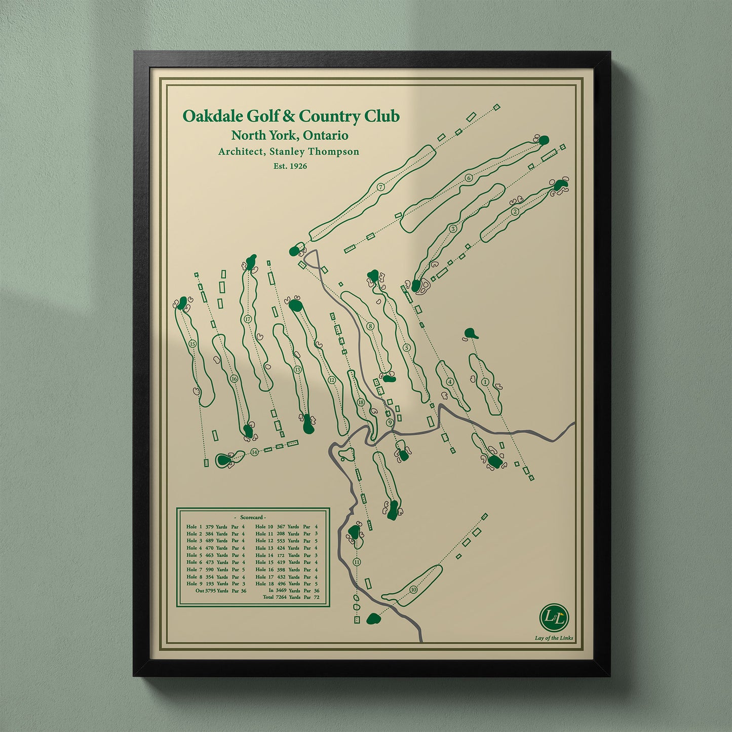 Framed Oakdale Golf & Country Club map in a black wood frame, site of the historic 2023 RBC Canadian Open.