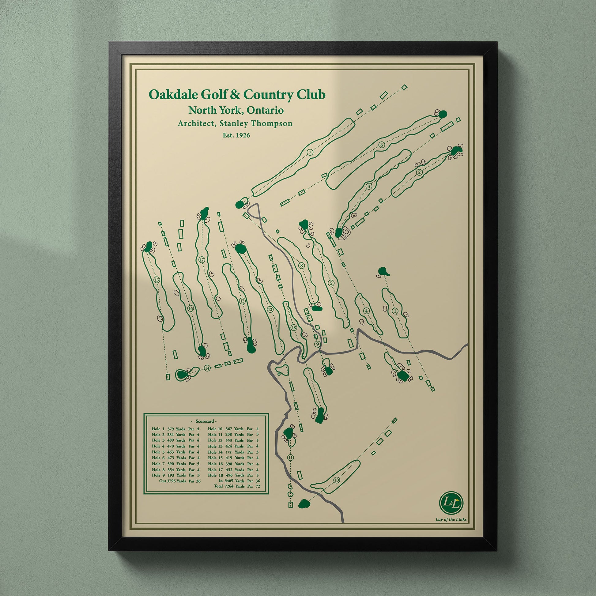 Framed Oakdale Golf & Country Club map in a black wood frame, site of the historic 2023 RBC Canadian Open.