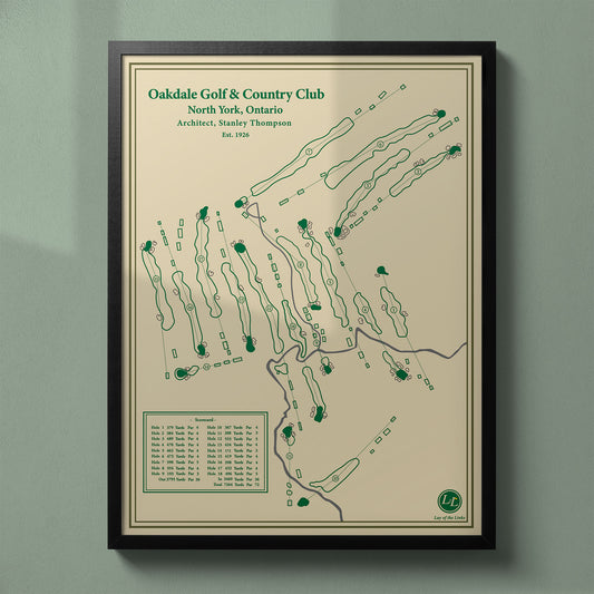 Framed Oakdale Golf & Country Club map in a black wood frame, site of the historic 2023 RBC Canadian Open.