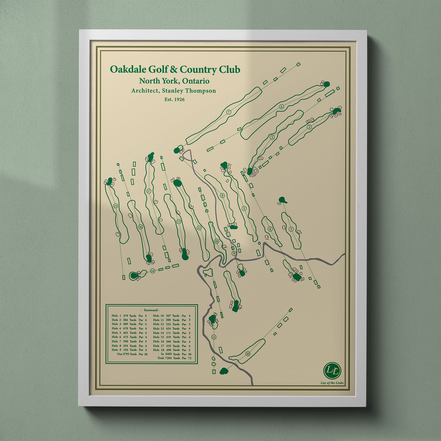 Oakdale Golf & Country Club map print in a white frame showing the unique 27-hole composite layout in Toronto.