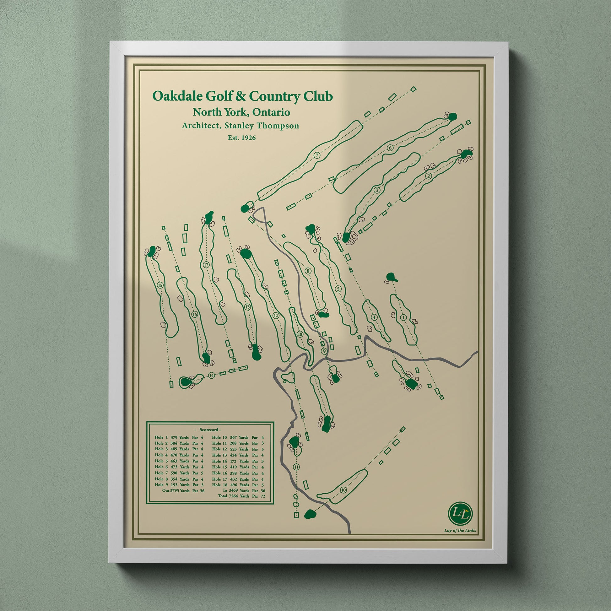 Oakdale Golf & Country Club map print in a white frame showing the unique 27-hole composite layout in Toronto.